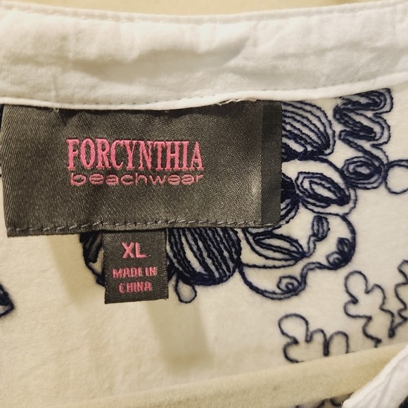 FORCYNTHIA Beachwear white and Navy Blue Embroidered Roll Up Sleeves top XL - Picture 2 of 11